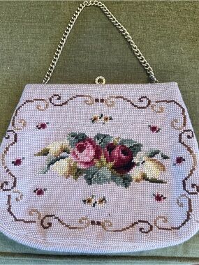 Vintage Hand-Embroidered Pink Floral Needlepoint Clutch